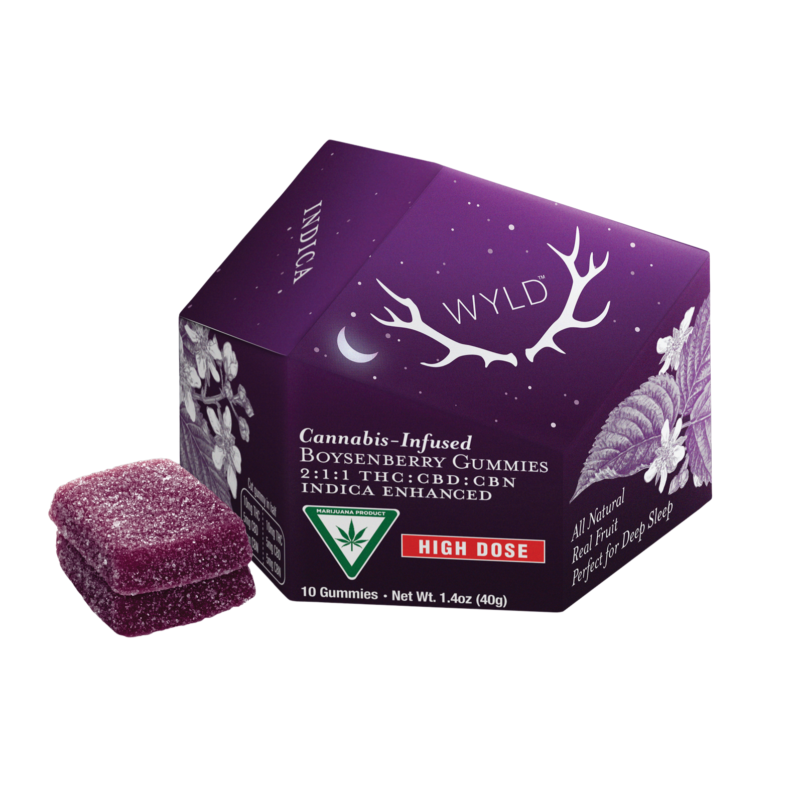 Photograph of product: WYLD | Boysenberry 2:1:1 | TH-oui:CBD:CBN Gummies | 200mg:100mg:100mg