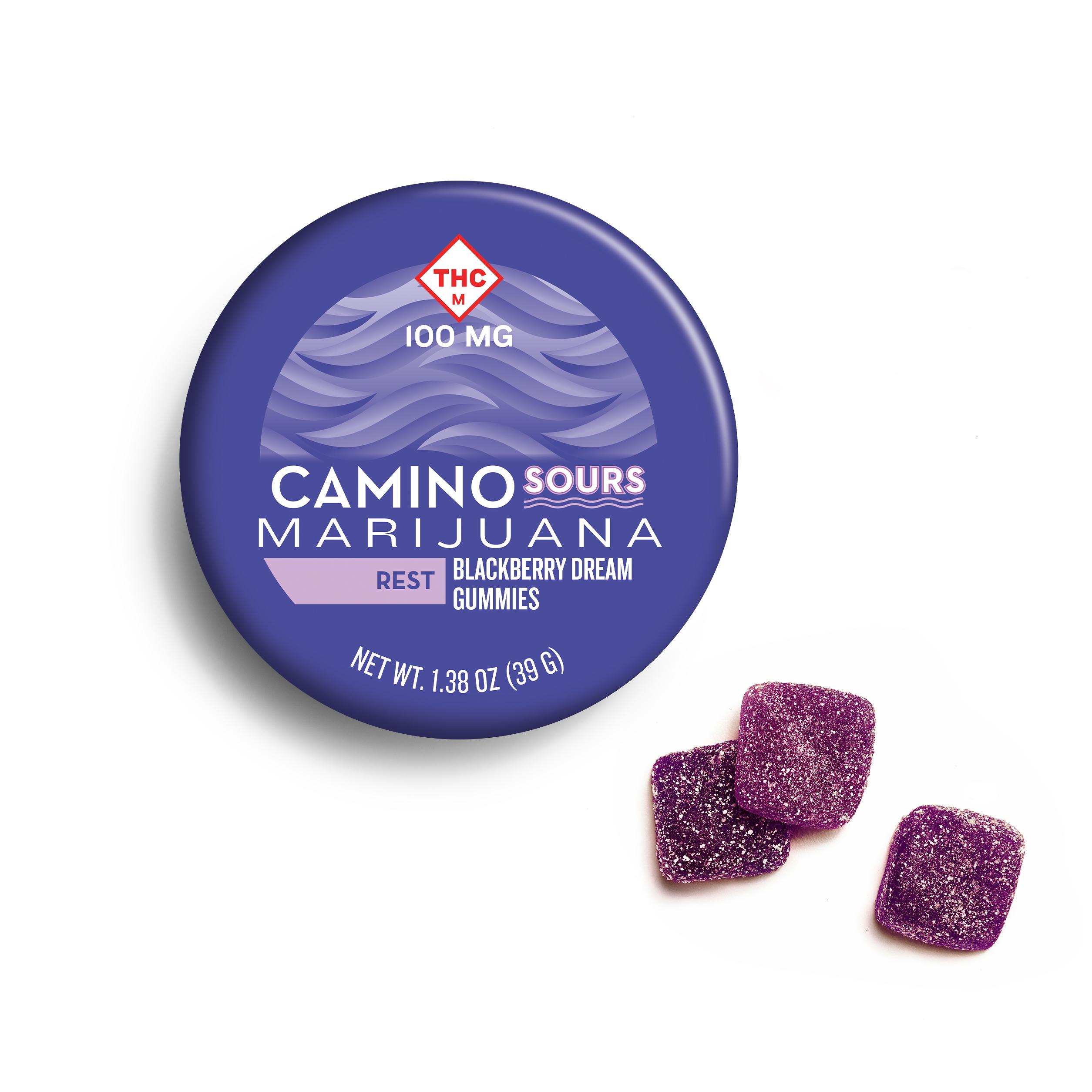Photograph of product: CAMINO - SOURS - GUMMIES - 100MG THC/ 100MG CBD/ 100MG CBN - 10PK - BLACKBERRY DREAM 1:1:1  REST