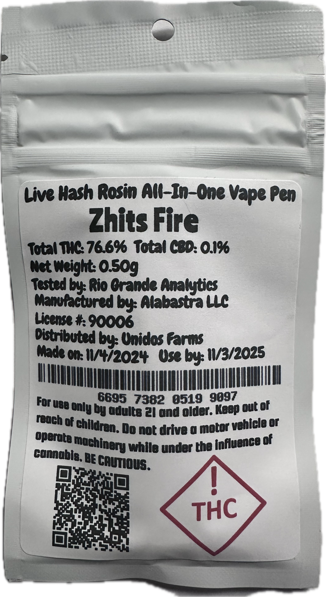 Photograph of product: Unidos Farms Zhits Fire Live Rosin AIO