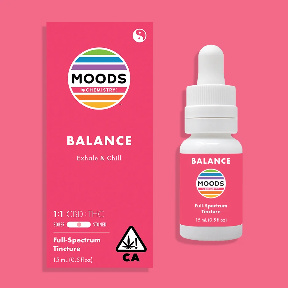 Photograph of product: Moods by Chemistry - 432mg Tincture 1:1 CBD:TH-oui - Pink Balance - Exhale & Chill