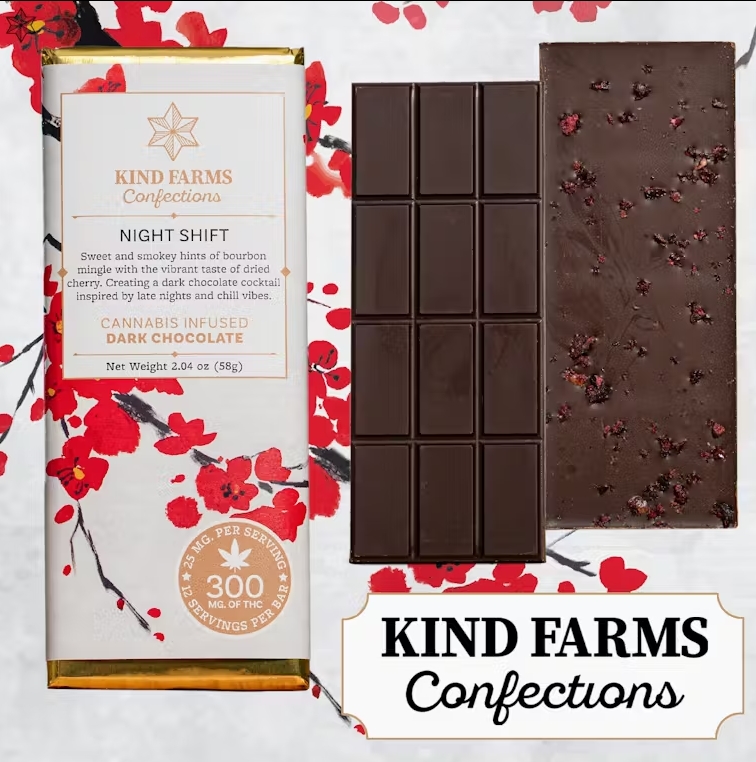 Photograph of product: Bourbon Cherry. Dark Chocolate Bar. 300mg. Kind Farms