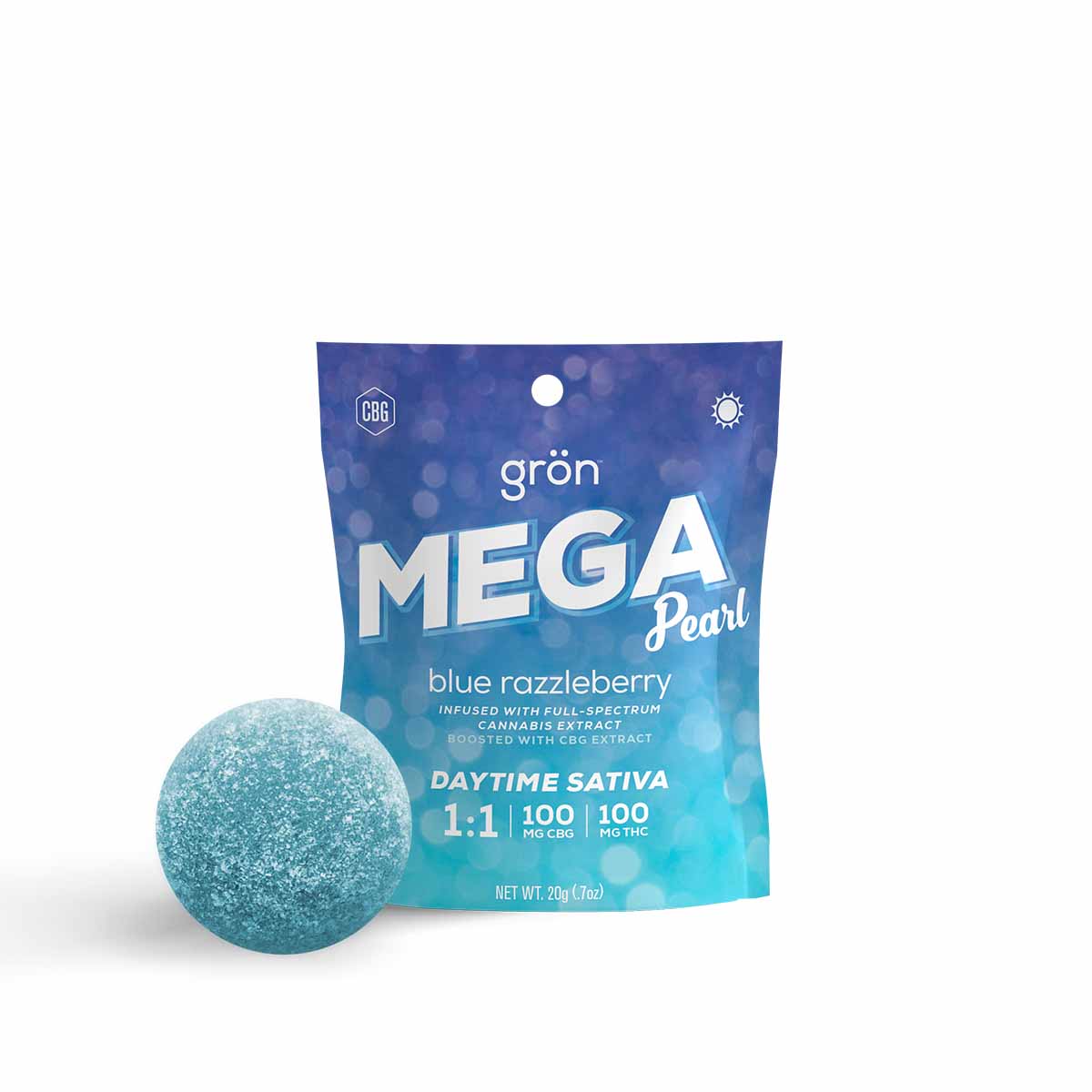 Photograph of product: Gron Blue Razzleberry Mega Pearl 1:1 100 MG (TH-oui/CBG)