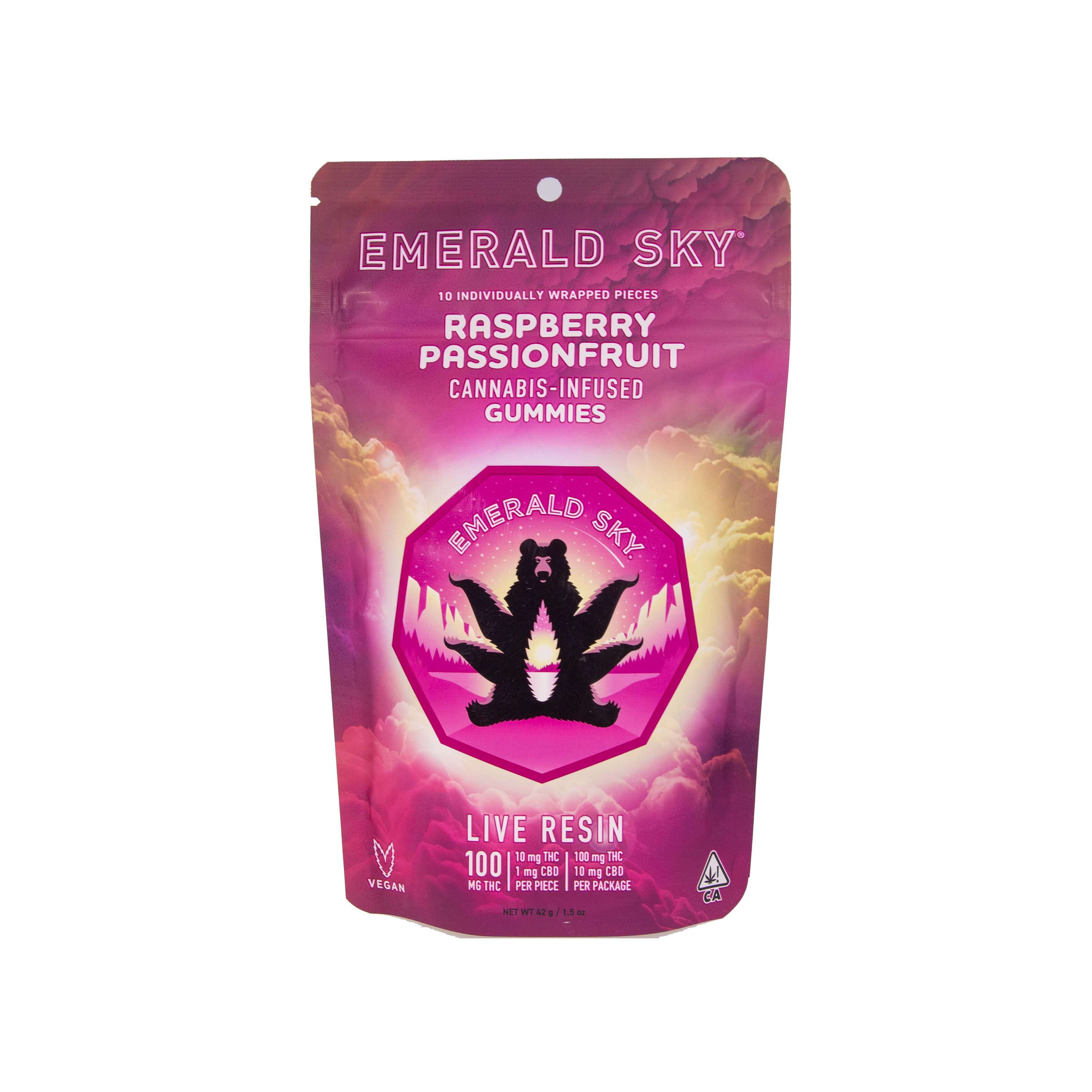 Photograph of product: Emerald Sky | Raspberry Passionfruit Live Resin Gummies (100mg TH-oui)