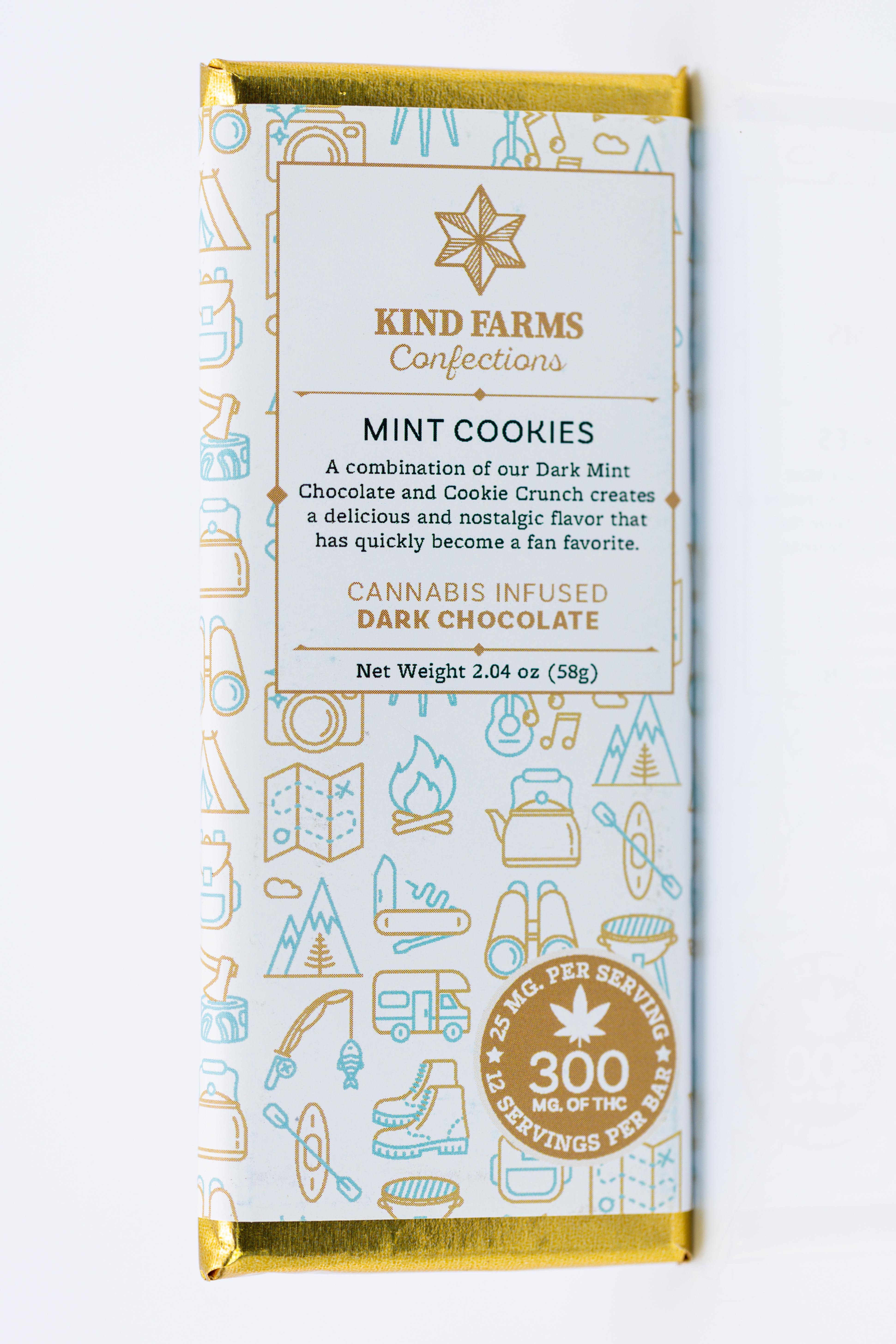 Photograph of product: Mint Cookie. Dark Chocolate Bar. 300mg Full Spectrum -Kind Farms Confections
