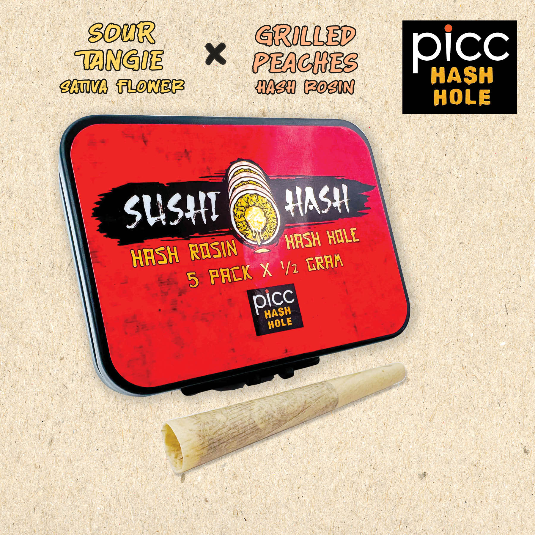 Photograph of Product: Picc x SUSHI HASH | Sour Tangie x Grilled Peaches Rosin Hash Hole | Infused Pre-Roll 5 Pack | 2.5g