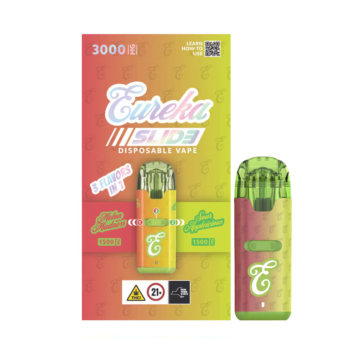 Photograph of product: Eureka | Melon Madness + Sour Appleicious | Disposable 3-in-1 Vape | 3g