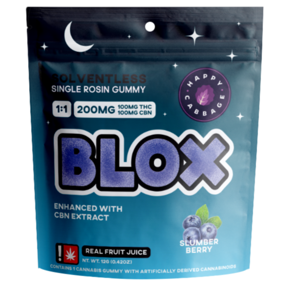 Photograph of product: Happy Cabbage > BLOX Single Rosin Gummy 200mg > 1:1 CBN:TH-oui > Slumber Berry