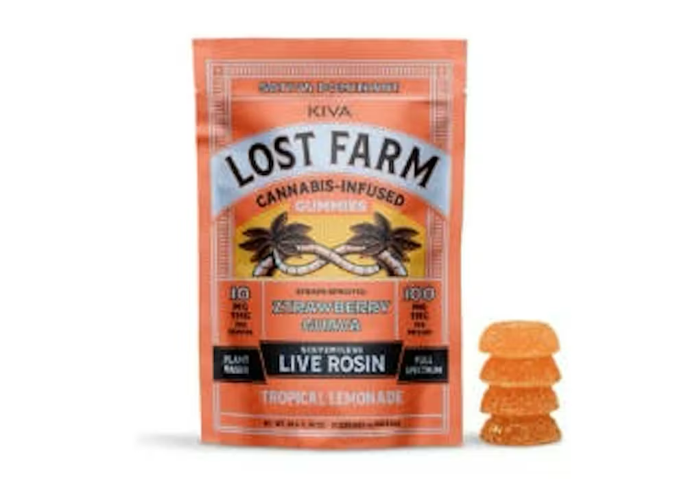 Photograph of product: KIVA LOST FARM - Gummies - Tropical Lemonade X Ztrawberry Guava Rosin - Sativa Dom -100mg - 10ct