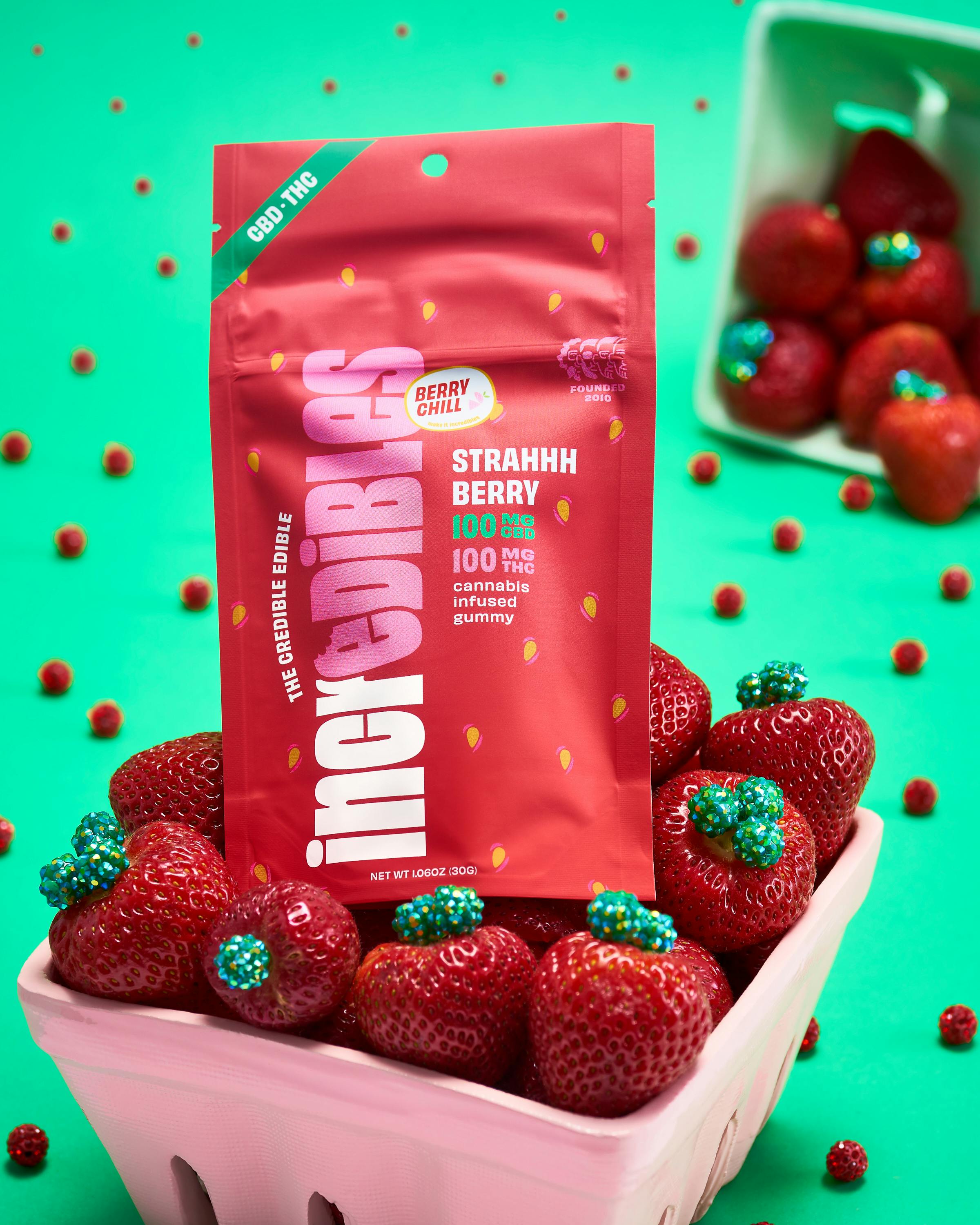 Photograph of Product: Incredibles 1:1 Strahhberry Gummies 100mg 20pk (THC:CBD)