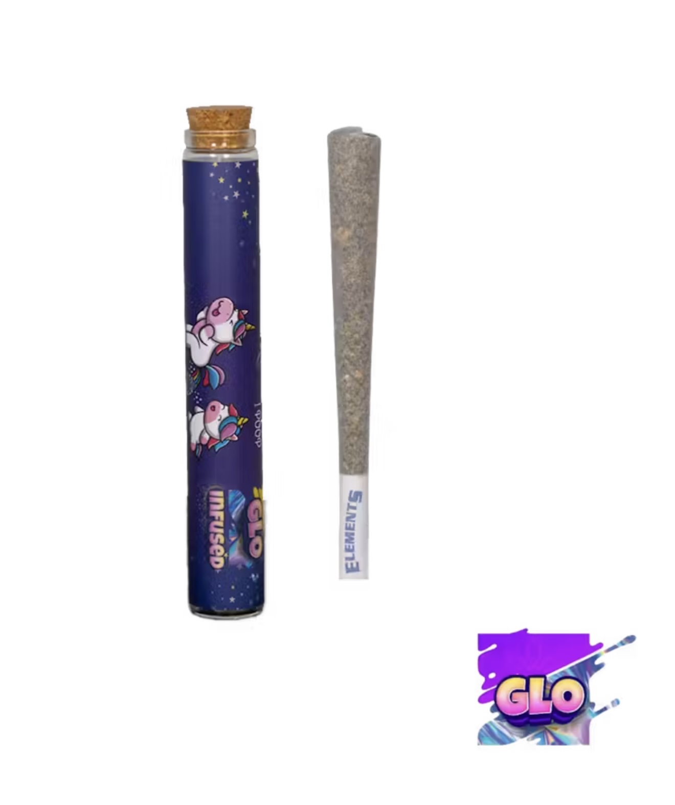 Photograph of product: Glo Farms: 2 Unicorns 1 Poop Bubble au chocolat Infused Preroll 1G