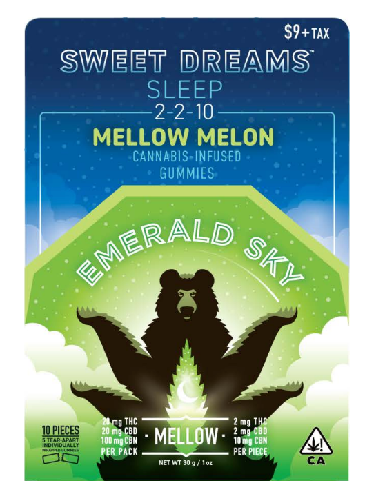 Photograph of product: Mellow Melon 2:2:10 CBD:TH-oui:CBN Sweet Dreams 100mg GUMMIES - Emerald Sky