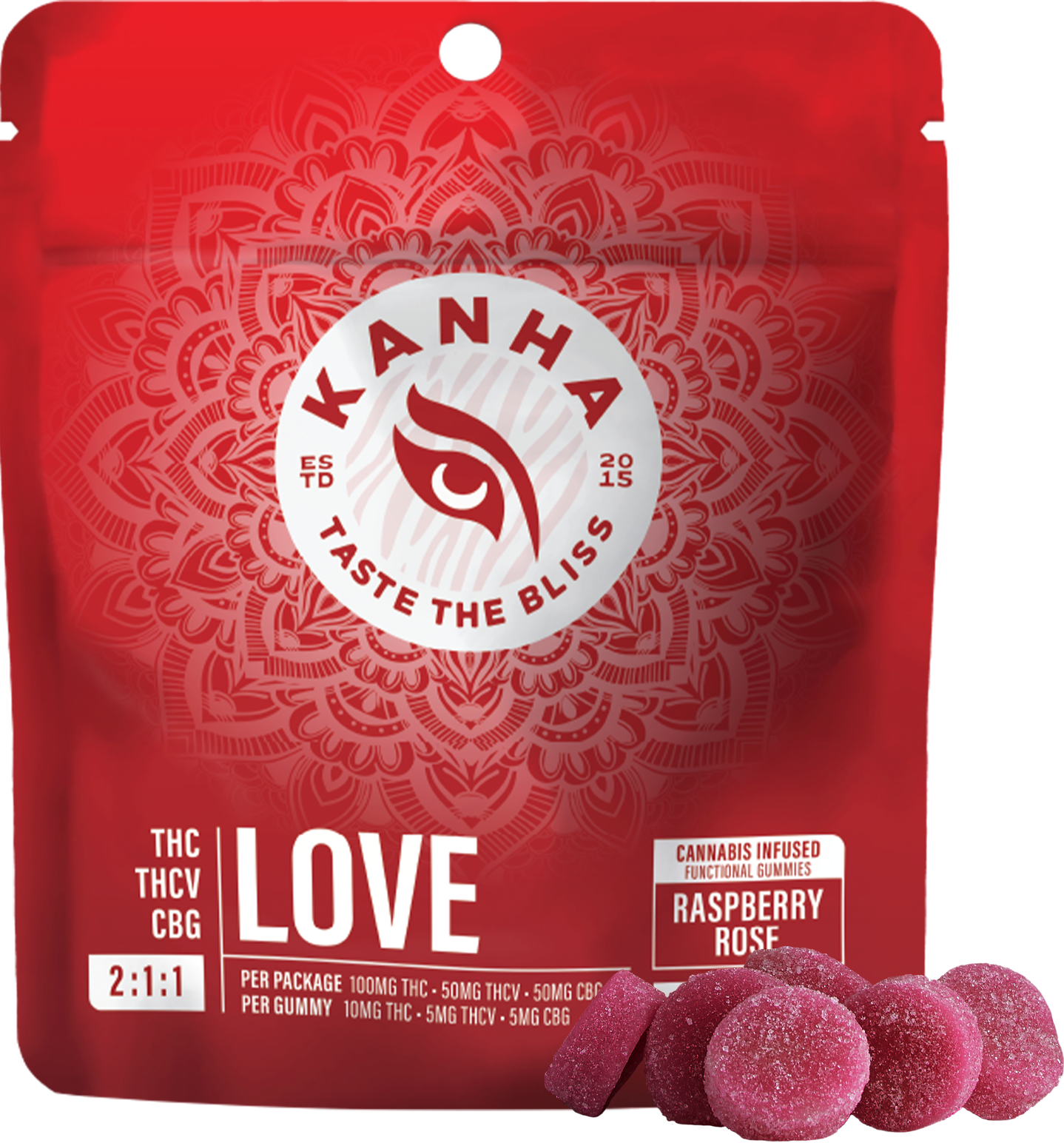 Photograph of product: Kanha Love Raspberry Rose (H) 2:1:1 THC:THCV:CBG Gummies 10mg 10pk