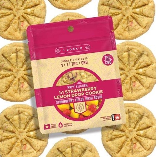 Photograph of product: Hapy Kitchen > Cookies 100mg > 1:1 TH-oui:CBG > Strawberry Lemon Drop / Strawberry Fields au chocolat Rosin