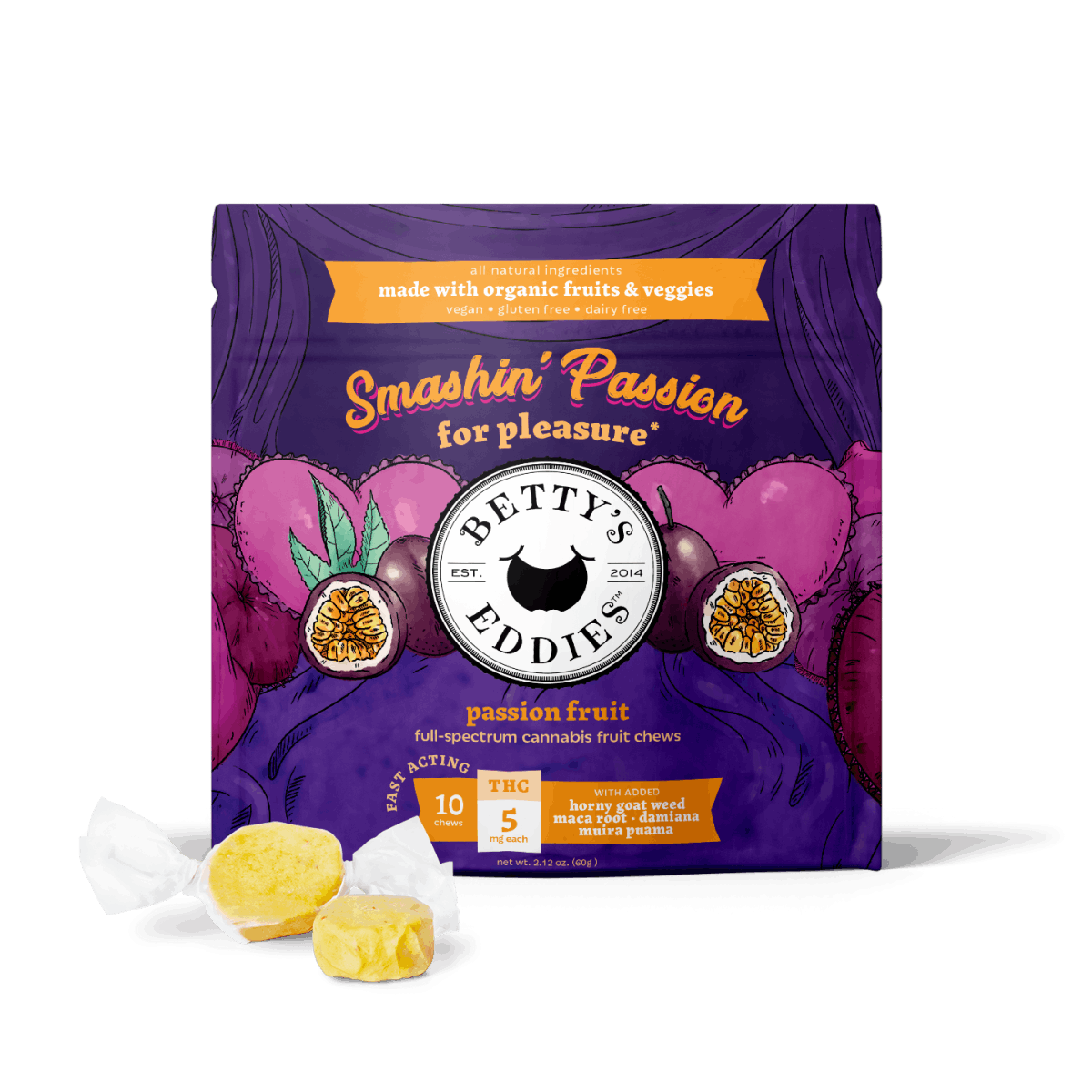 Photograph of product: Betty's Eddies Passion Fruit (H) Fruit Chews 10mg 10pk