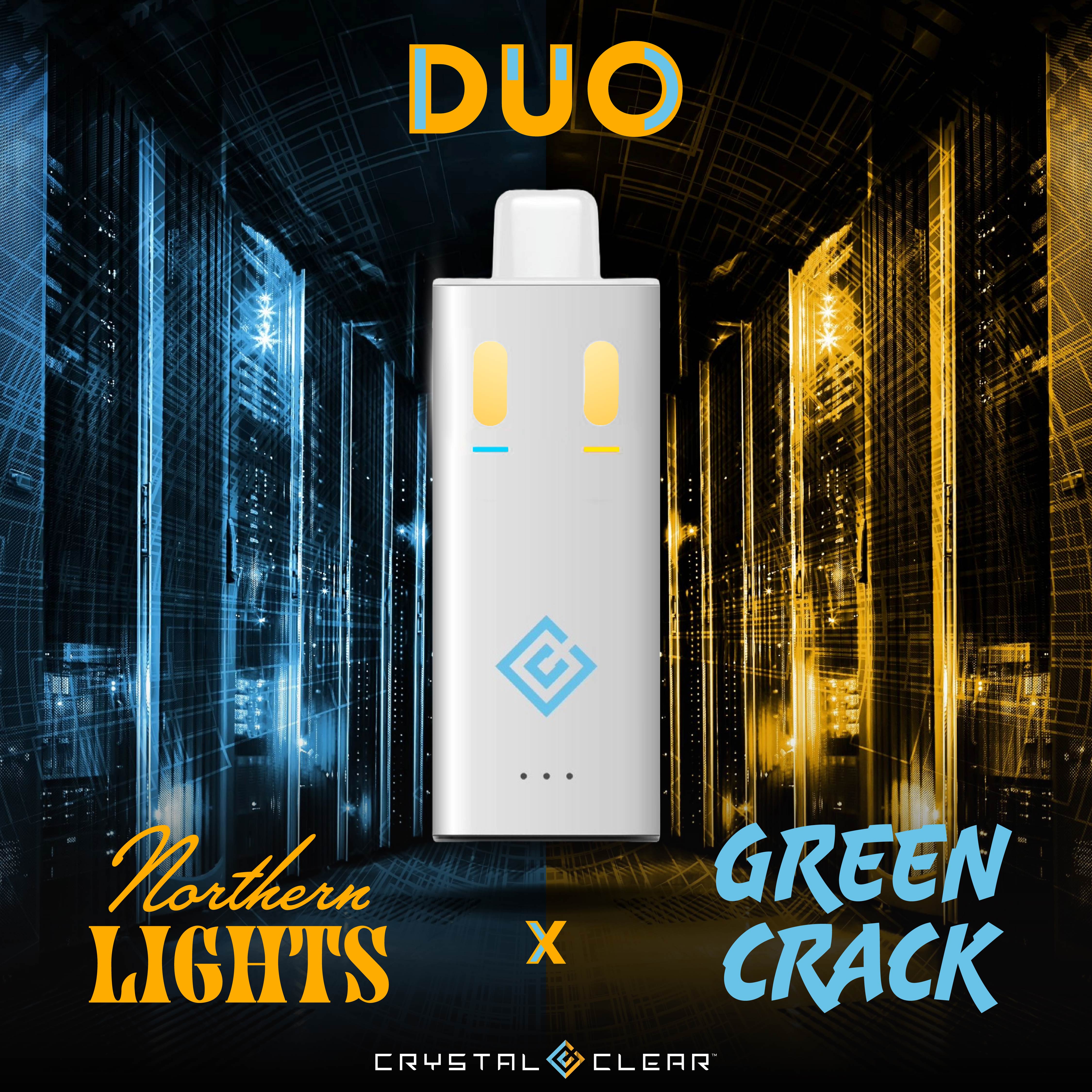 Photograph of product: Duo Vape Disposable | Crystal Clear | Green Crack/Northern Lights | 2g