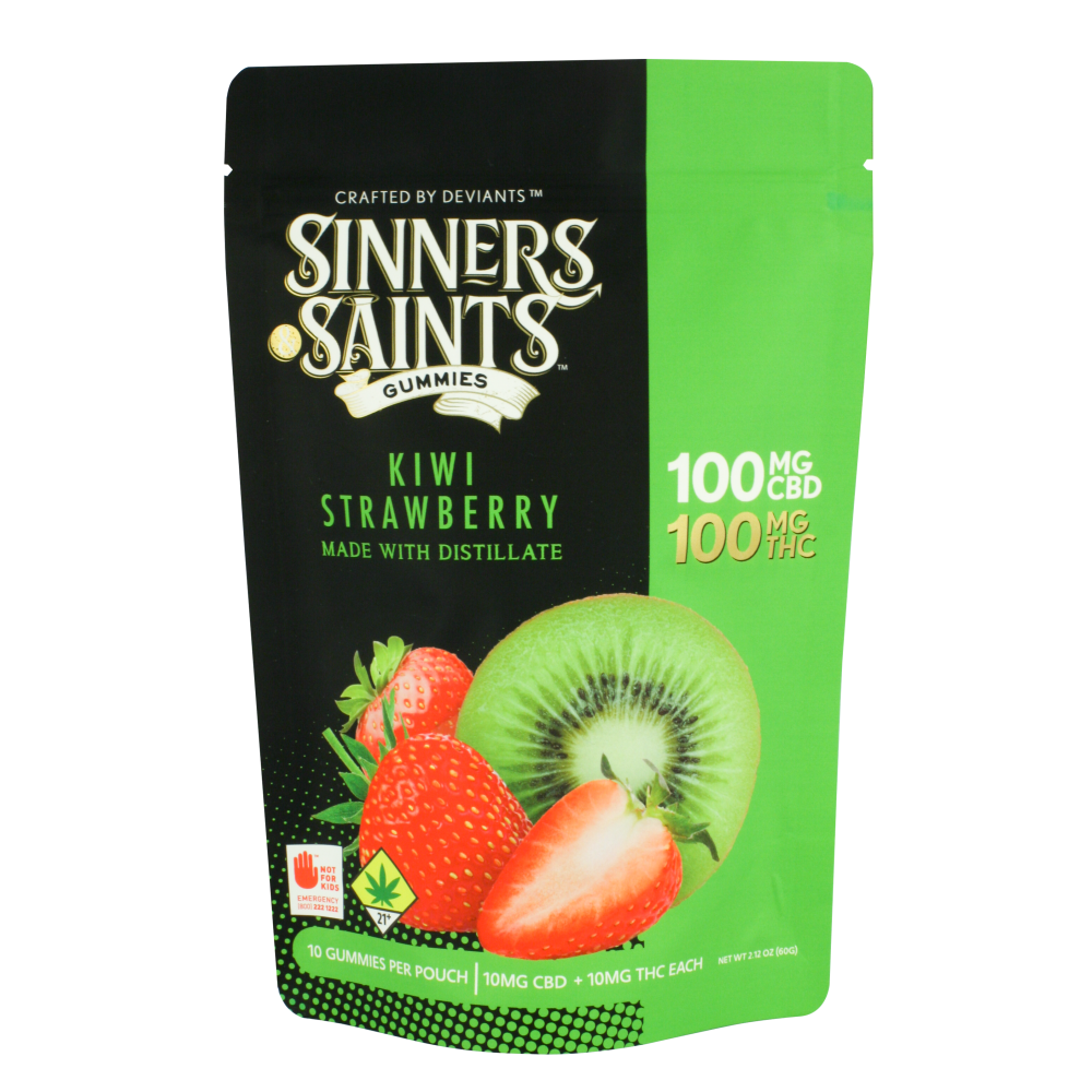 Photograph of product: Sinners & Saints | Kiwi Strawberry Gummies | DOH | 10pk | 1:1 100mg TH-oui : 100mg CBD