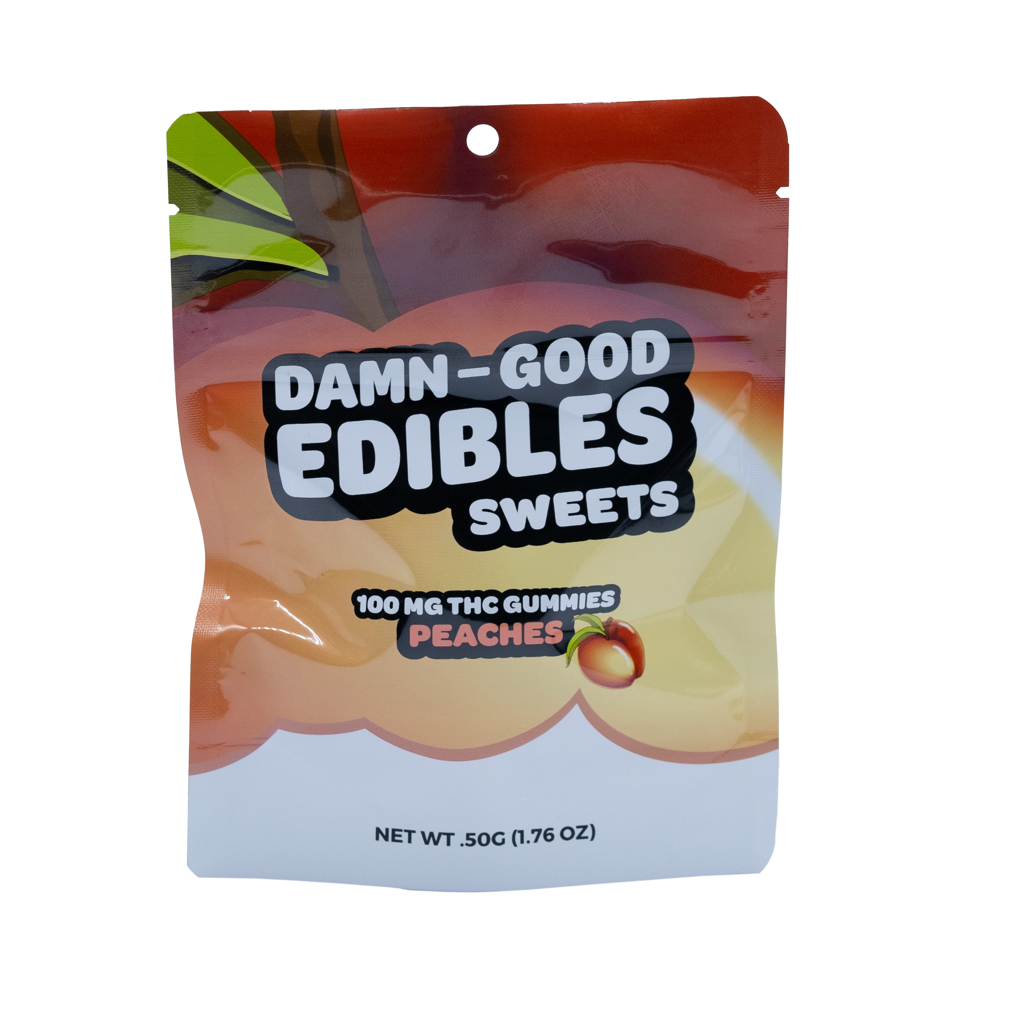 Photograph of product: Damn Good Edibles Sweet Gummies 100 MG Peach 10pk