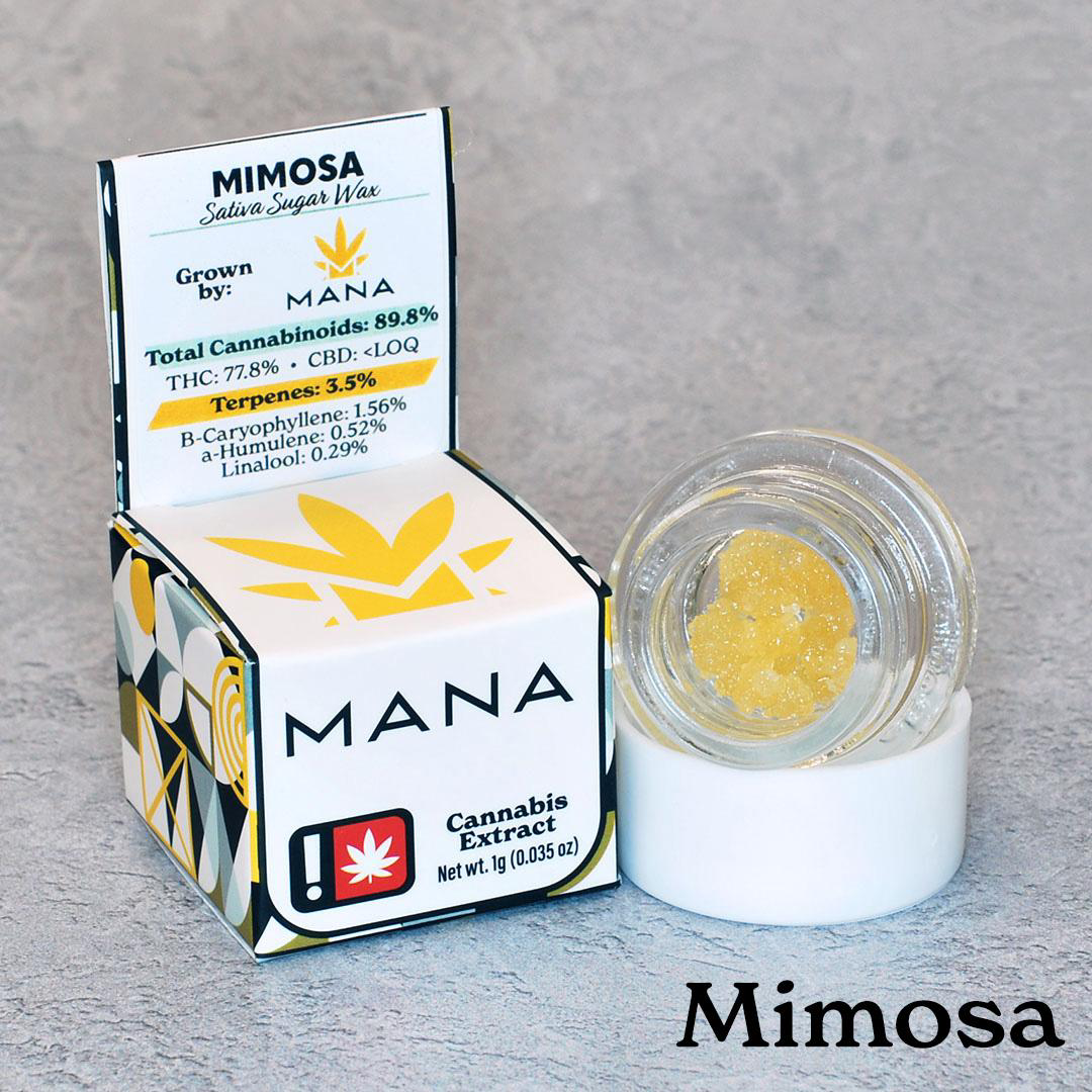 Photograph of product: Mana Extracts Cured Resin Sugar Wax: Mimosa