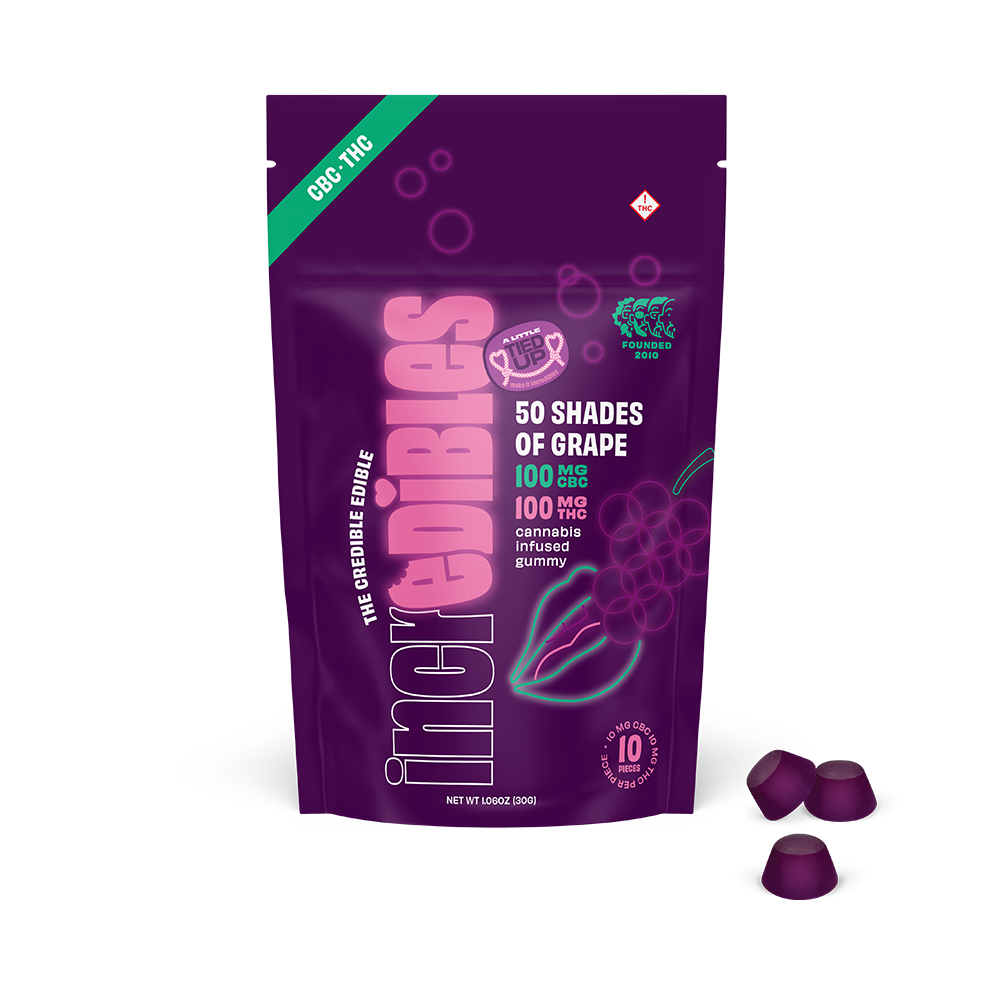 Photograph of product: Incredibles Gummies 10pk/100mg- 50 Shades of Grape 1:1 (TH-oui:CBC)