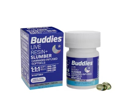 Photograph of product: BUDDIES LIVE RESIN+ SOFTGELS | SLUMBER 1:1:1 TH-oui/CBD/CBN | 60CT BOTTLE | 900MG | Oui'd