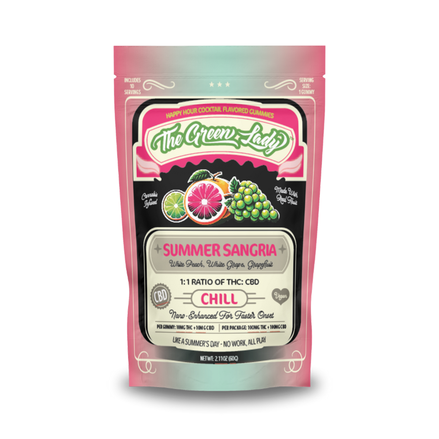 Photograph of product: The Green Lady | 1:1 Summer Sangria Chill Gummies | 10mgTH-oui:10mgCBD | 10pk