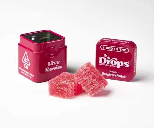 Photograph of product: Drops | Raspberry 1:2 | TH-oui Bomb | Live Rosin Infused Jellies | 2pc | 100mg