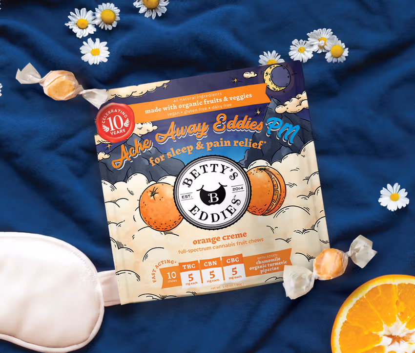 Photograph of product: Betty's Eddies - Ache Away PM Fruit Chews 50mg - Orange Creme
