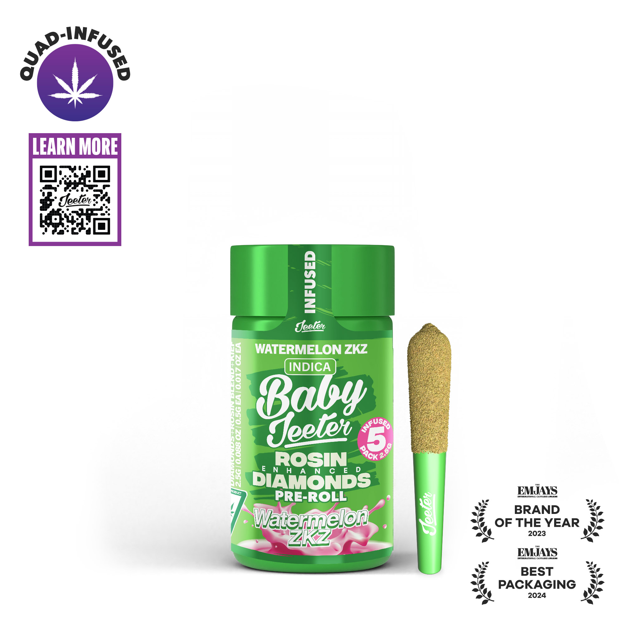 Photograph of instaPanelPhoto: Watermelon ZKZ 5 Pack (2.5g Total) Quad Infused Prerolls