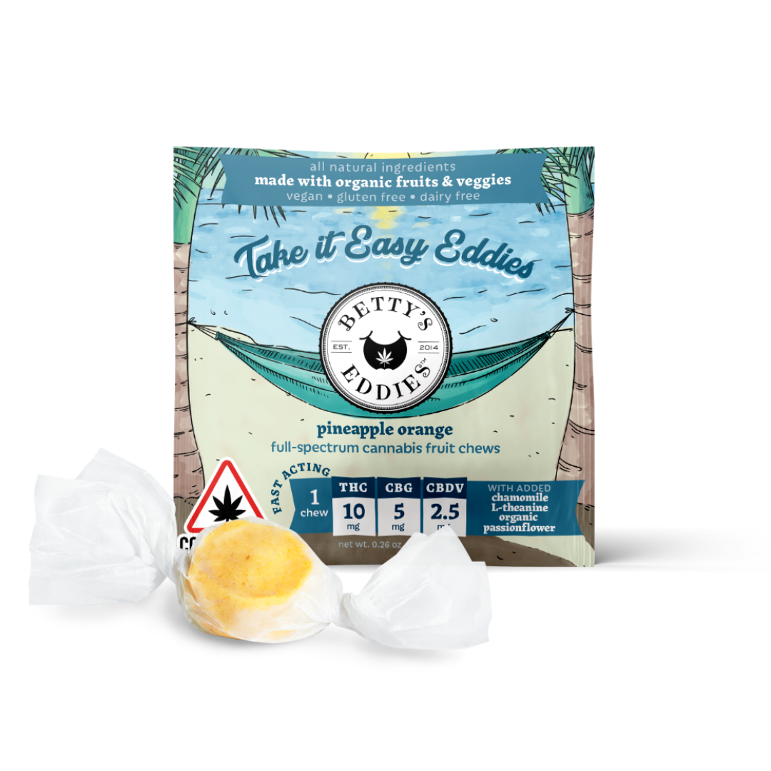Photograph of product: Take It Easy Eddies Pineapple Orange Taffy 10pk/100mg