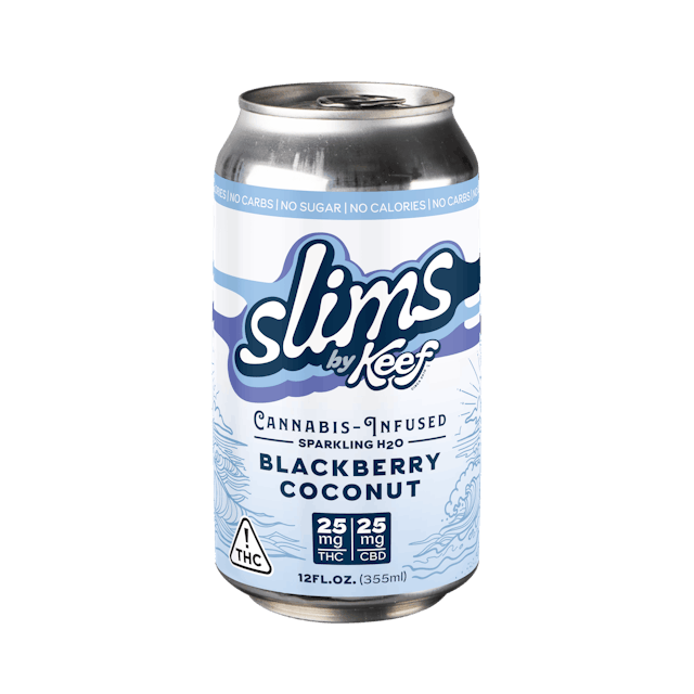 Photograph of product: Keef Slims: Blackberry Coconut Sparkling H2O 25mg THC: 25mg CBD - 12oz - 