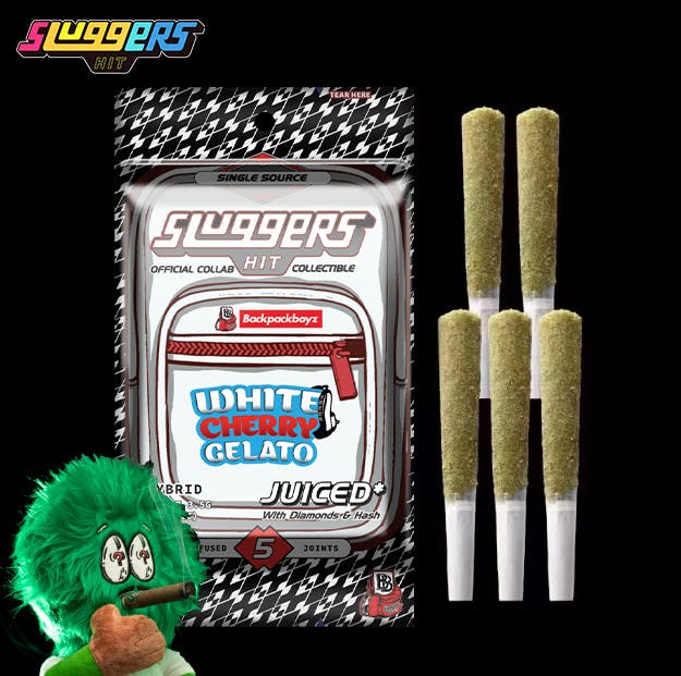 Photograph of product: Sluggers x Backbackboyz - White Cherry Gelato - Infused Pre-Rolls (5 Pack) - 3.5g - 5 Pack