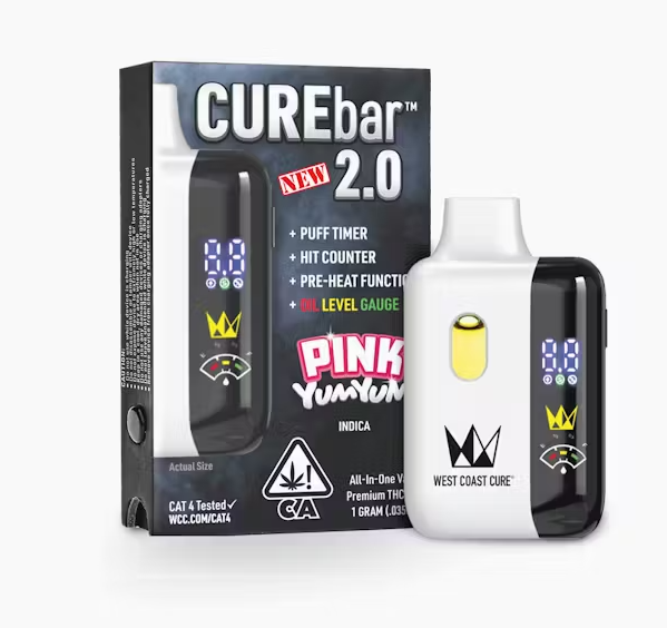 Photograph of product: West Coast Cure Pink Yum Yum Indica CUREbar 2.0 AIO 1g