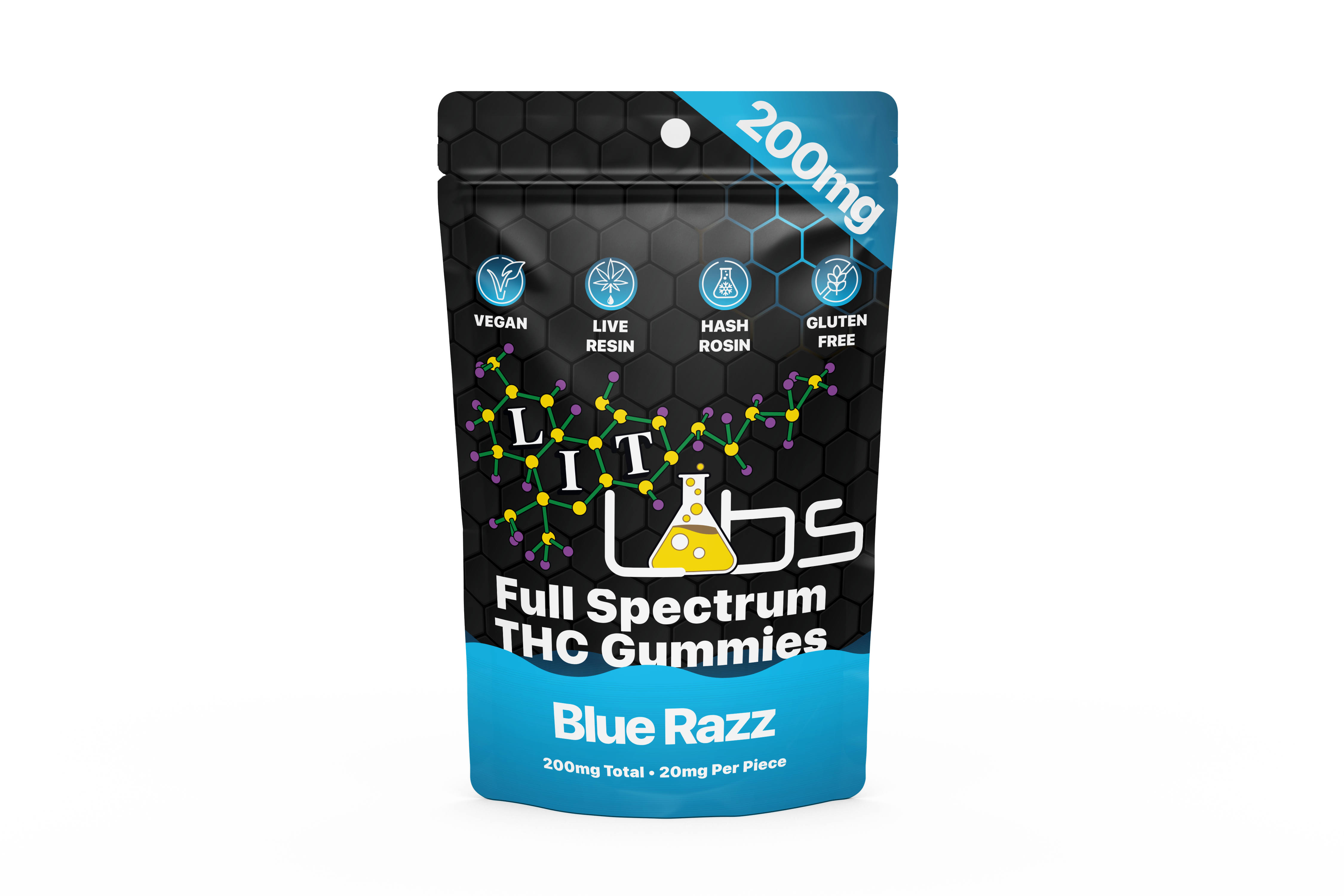 Photograph of Product: Lit Labs | Blue Razz | 200MG Rosin + Resin Gummies