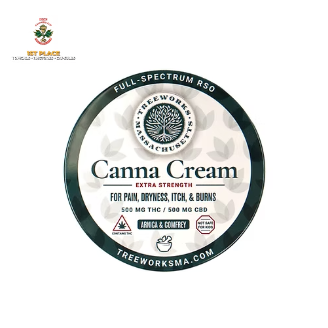 Photograph of product: Canna Cream | 1:1 CBD:TH-oui | Full Spectrum RSO | Body Rub | 2oz | 500mg
