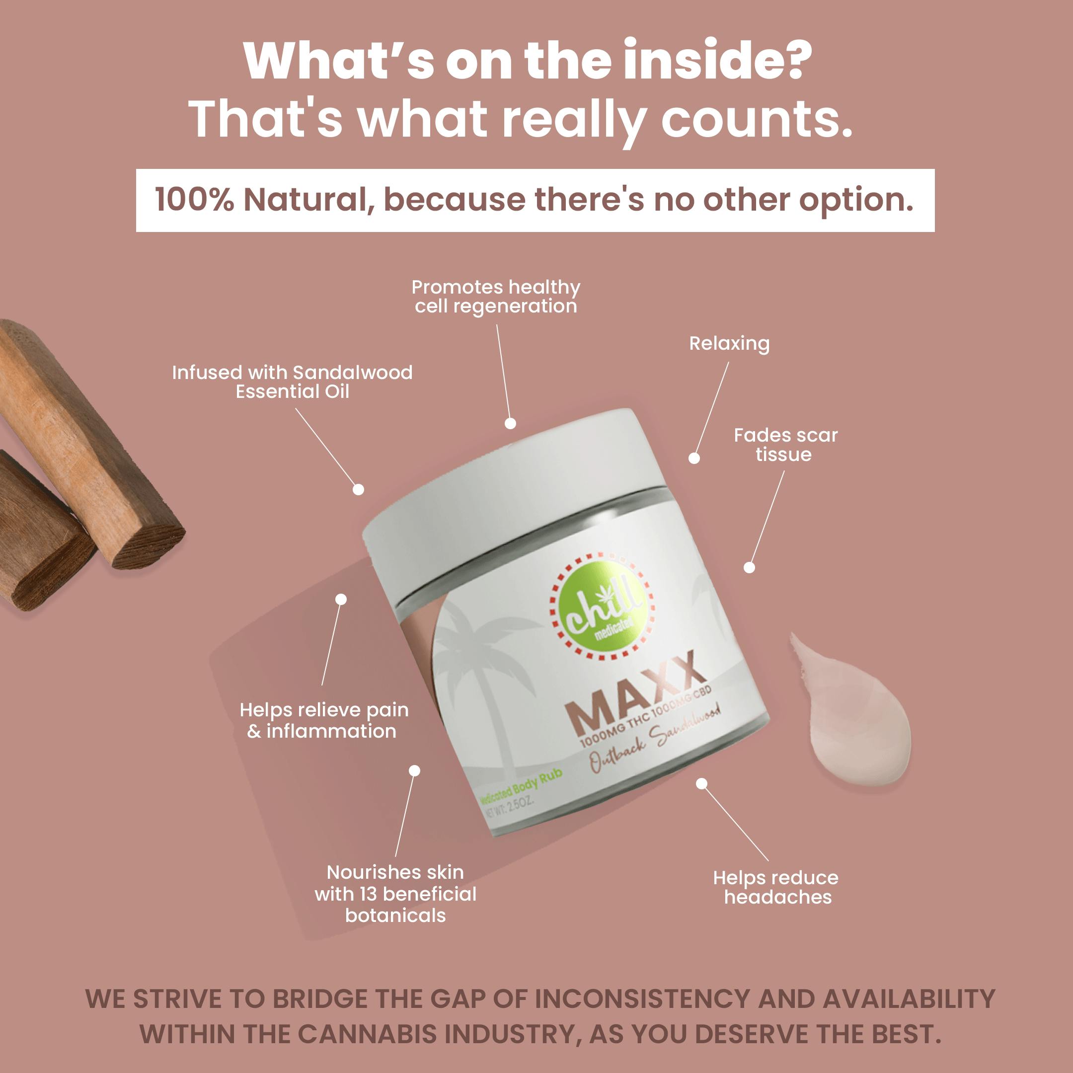 Photograph of product: CHILL MEDICATED | Topical | 1:1 | Outback Sandalwood Maxx Body Rub | 1000mg TH-oui:CBD