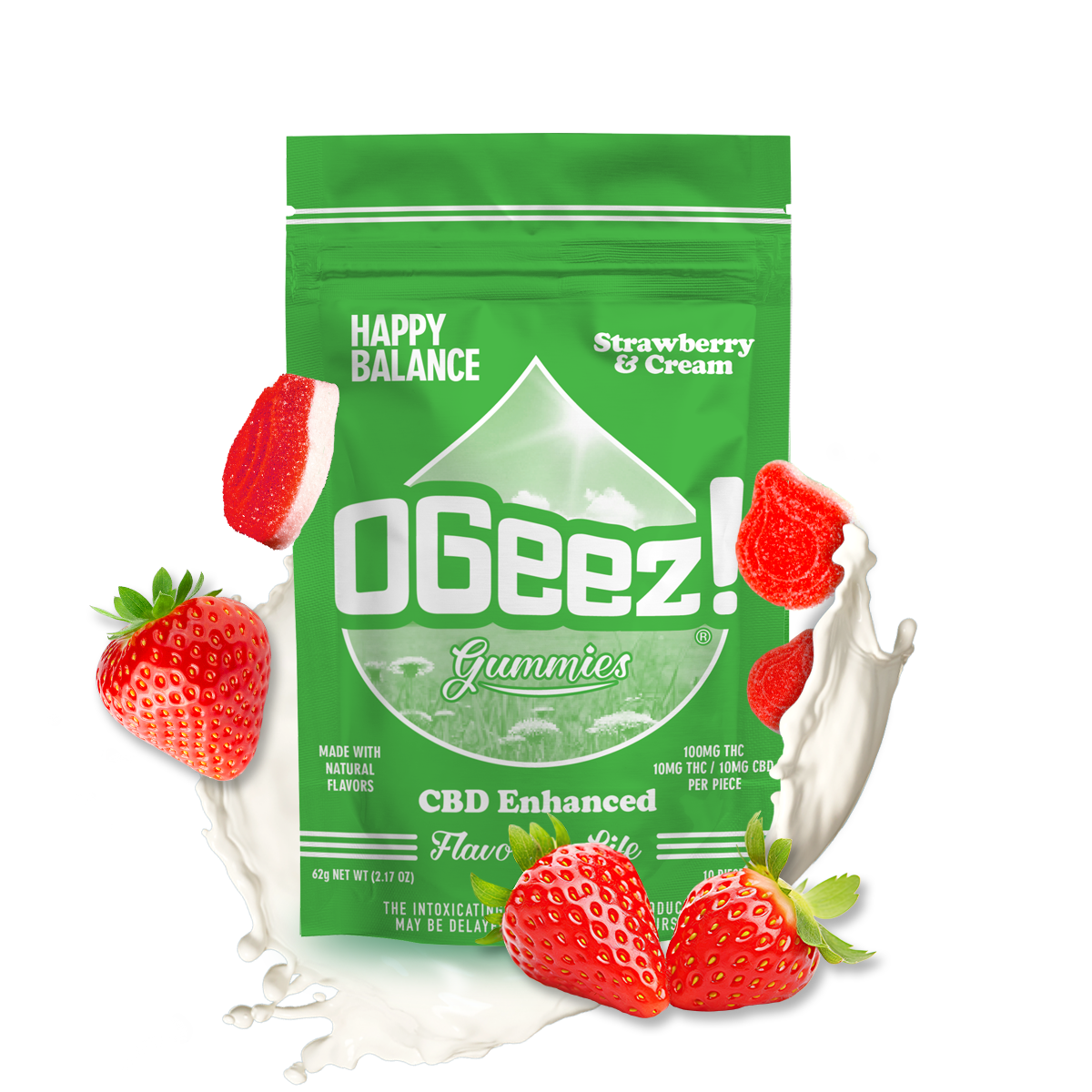 Photograph of product: Happy Balance Strawberries & Cream | 1:1 CBD:TH-oui Gummies | 100mg | 10-Pack
