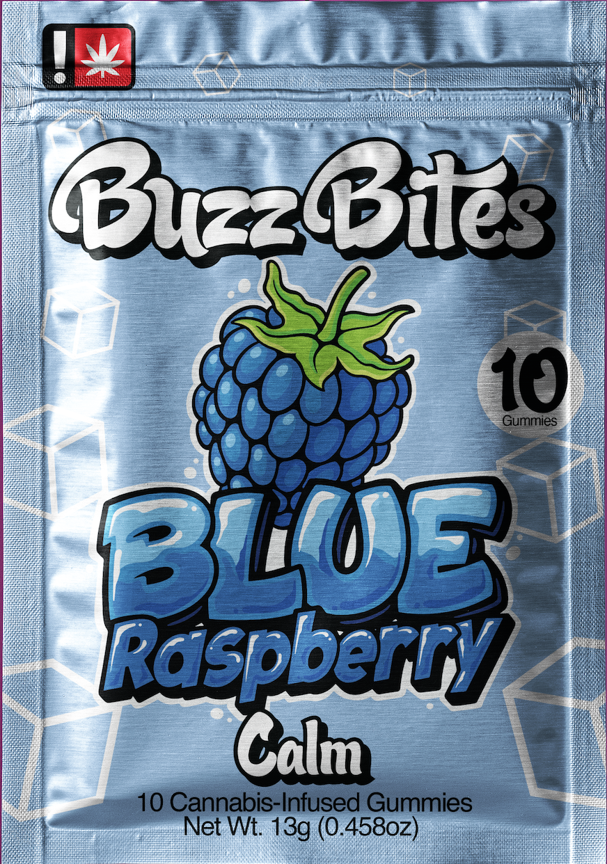 Photograph of product: Buzz Bites Blue Raspberry Calm Gummies 100mg 10 Piece (Oui'd)