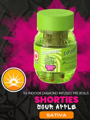 Photograph of product: Bodega Boyz - Sour Apple Shorties Infused Prerolls 4pk - 2.8g