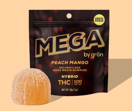 Photograph of product: Gron Mega | Peach Mango | Hybrid | 10 mg TH-oui au chocolat Rosin Infused