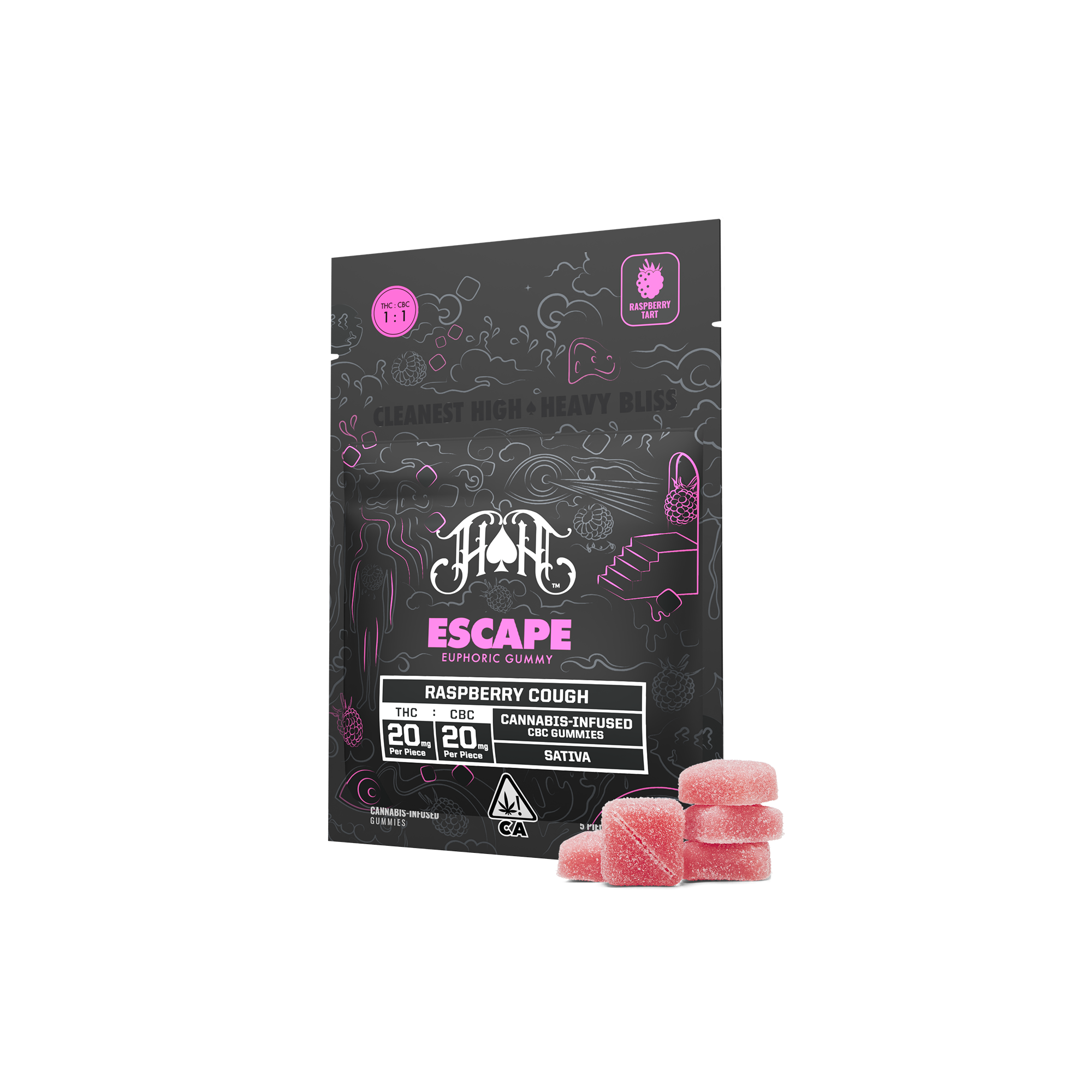 Photograph of product: ESCAPE BLISS | RASPBERRY COUGH | 100MG TH-oui/ 100MG CBC | GUMMIES | 5PK