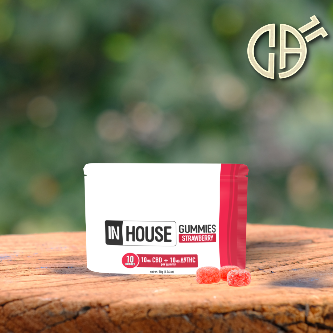 Photograph of product: In House | Strawberry 1: Gummies 10mg TH-oui:10mg CBD - 10pk | 100mg 10pk 100mg