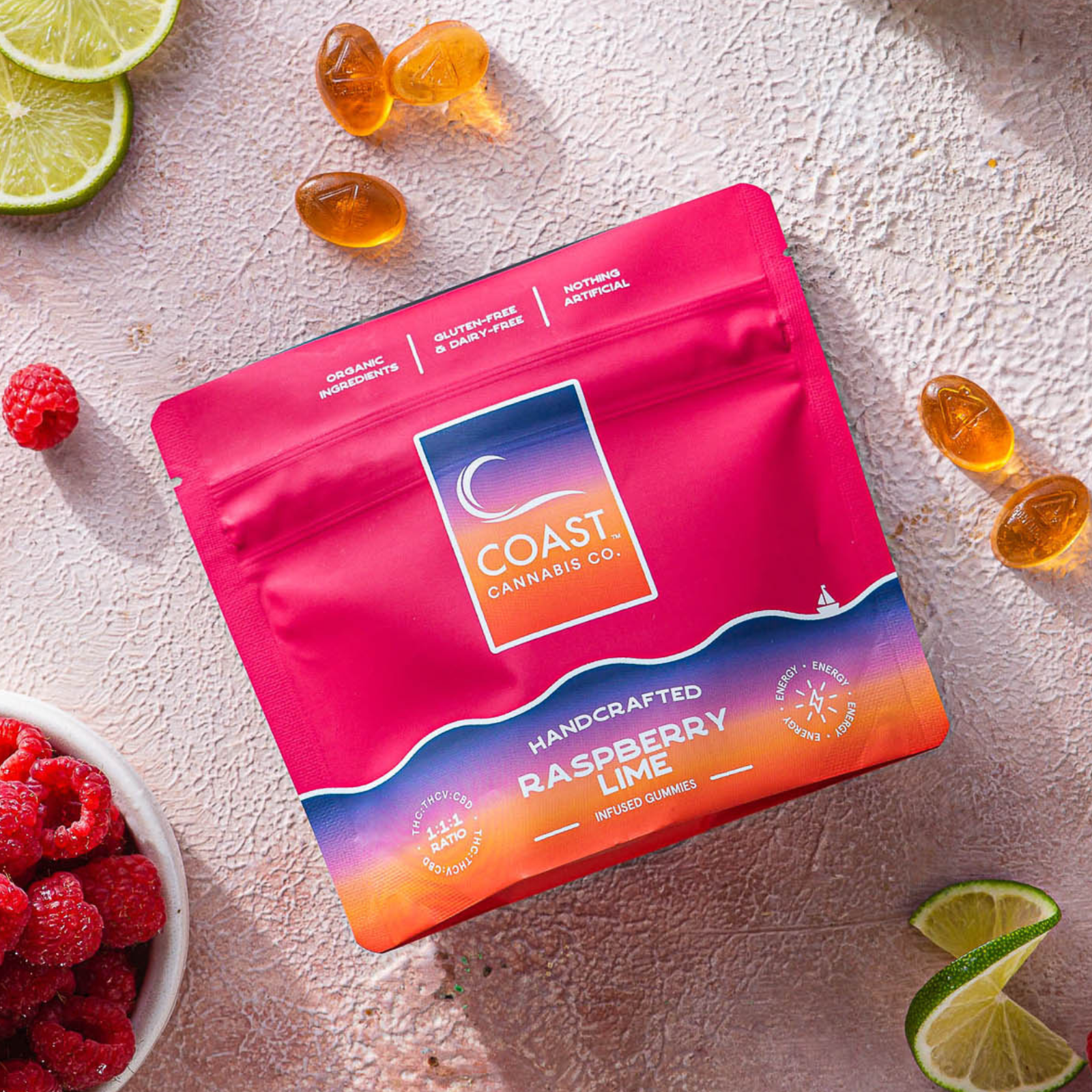 Photograph of product: Raspberry Lime Gummies | 1:1:1 TH-oui:TH-ouiV:CBD |  20pk