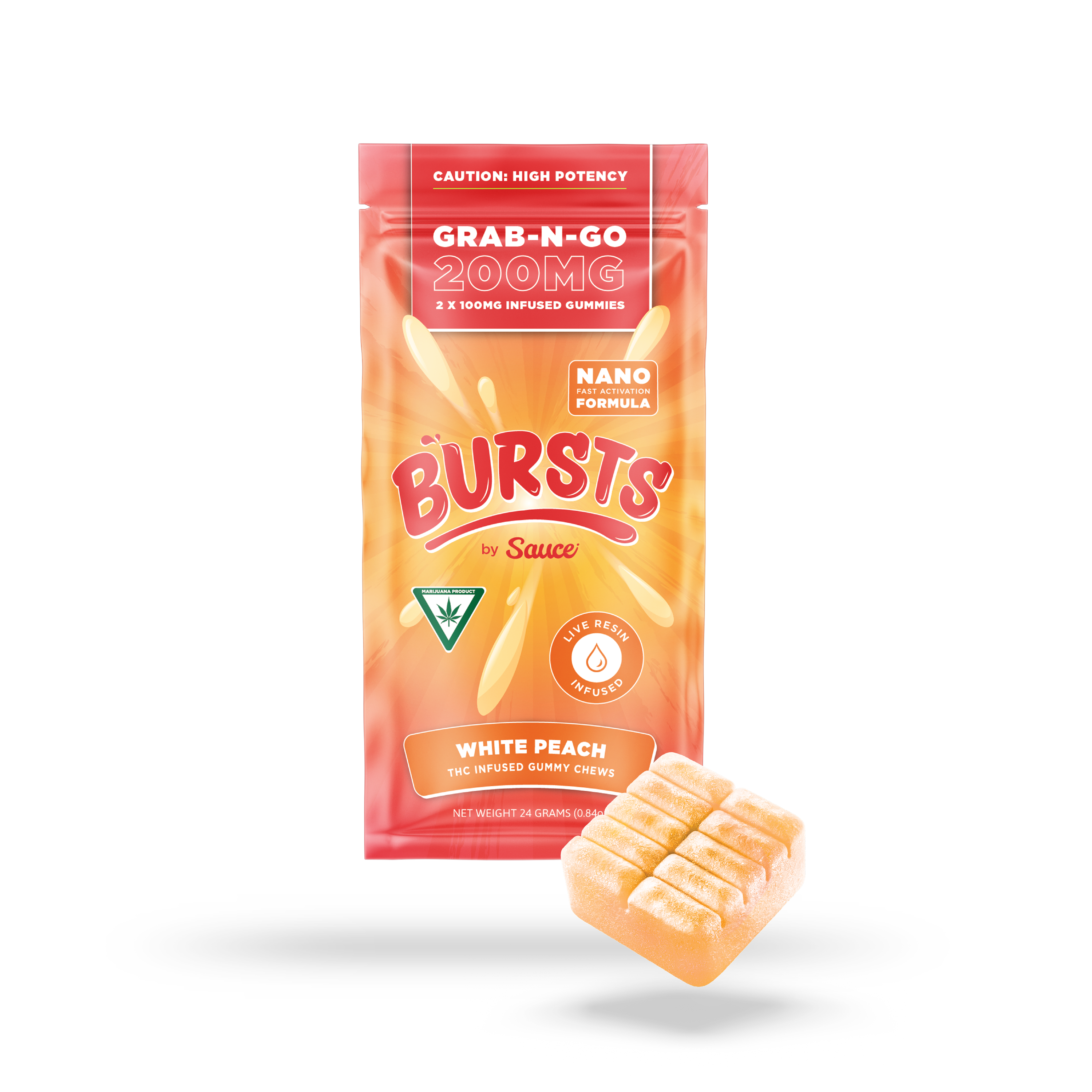 Photograph of product: Grab-N-Go | White Peach | 200MG Live Resin Burst Gummies