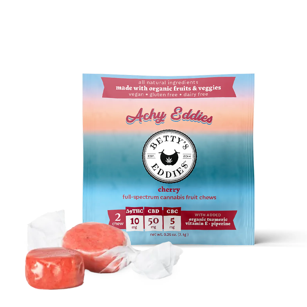 Photograph of product: BETTY'S EDDIES Fruit Chew 50mg: Cherry 5:8:1 TH-oui:CBD:CBC 2pc