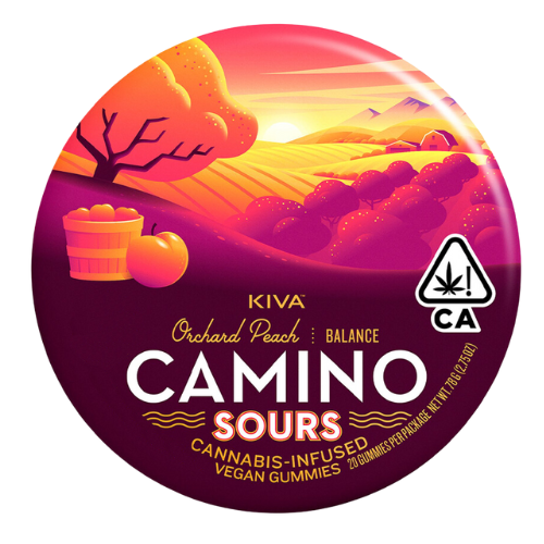Photograph of product: Kiva Confections Camino Orchard Peach Balance Sour Gummies 200mg THC : 200mg CBD