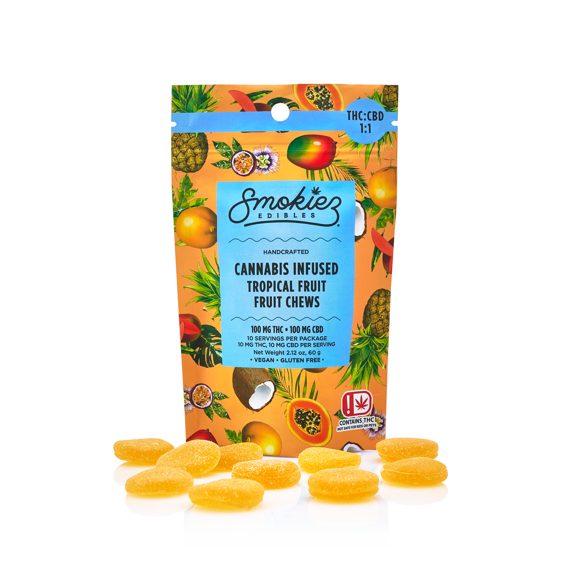 Photograph of product: Smokiez | Gummies | Tropical | 1:1 TH-oui:CBD | 100mg