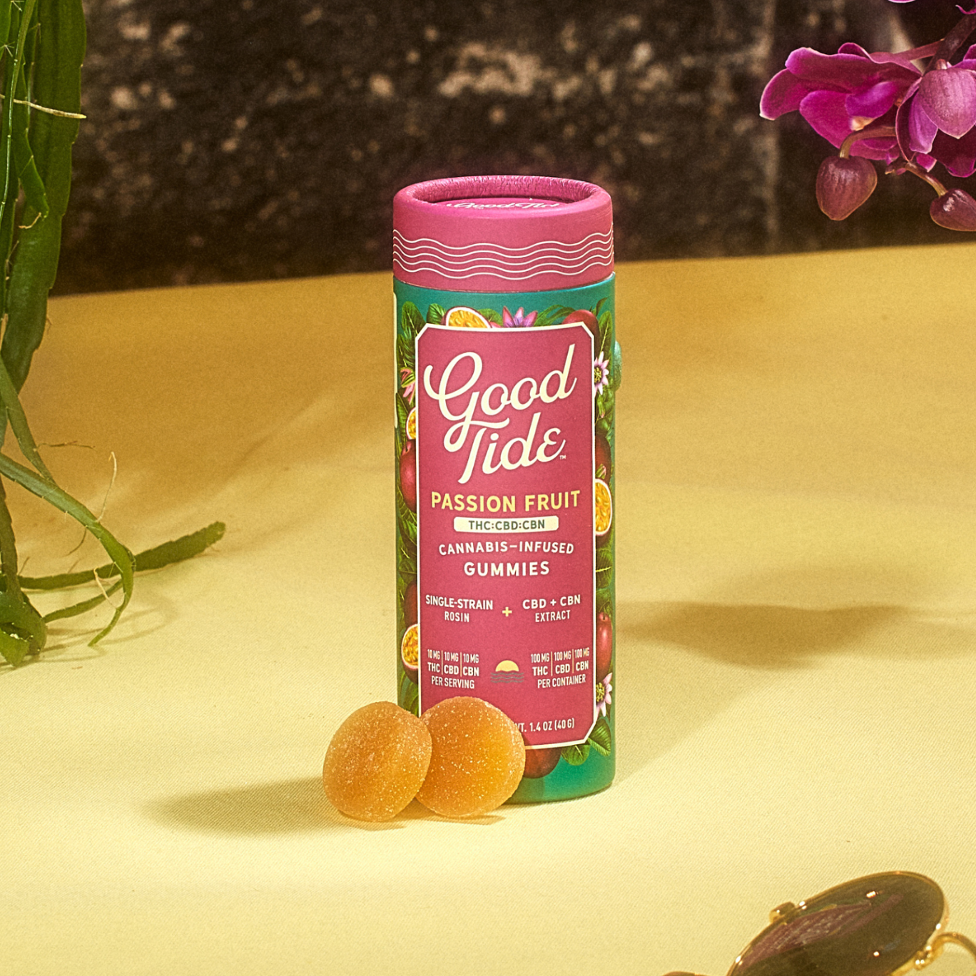 Photograph of product: Good Tide - Passion Fruit 1:1:1 TH-oui:CBD:CBN Gummies - 100mg (10pcs)