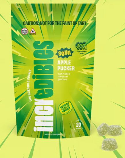 Photograph of product: Incredibles Super Sour Apple Pucker Gummies 100mg 20pk