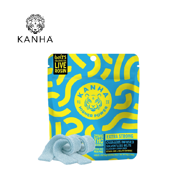 Photograph of product: BLUEBERRY LEMON DROP SOLVENTLESS ROSIN BELTS 100MG 4 PACK