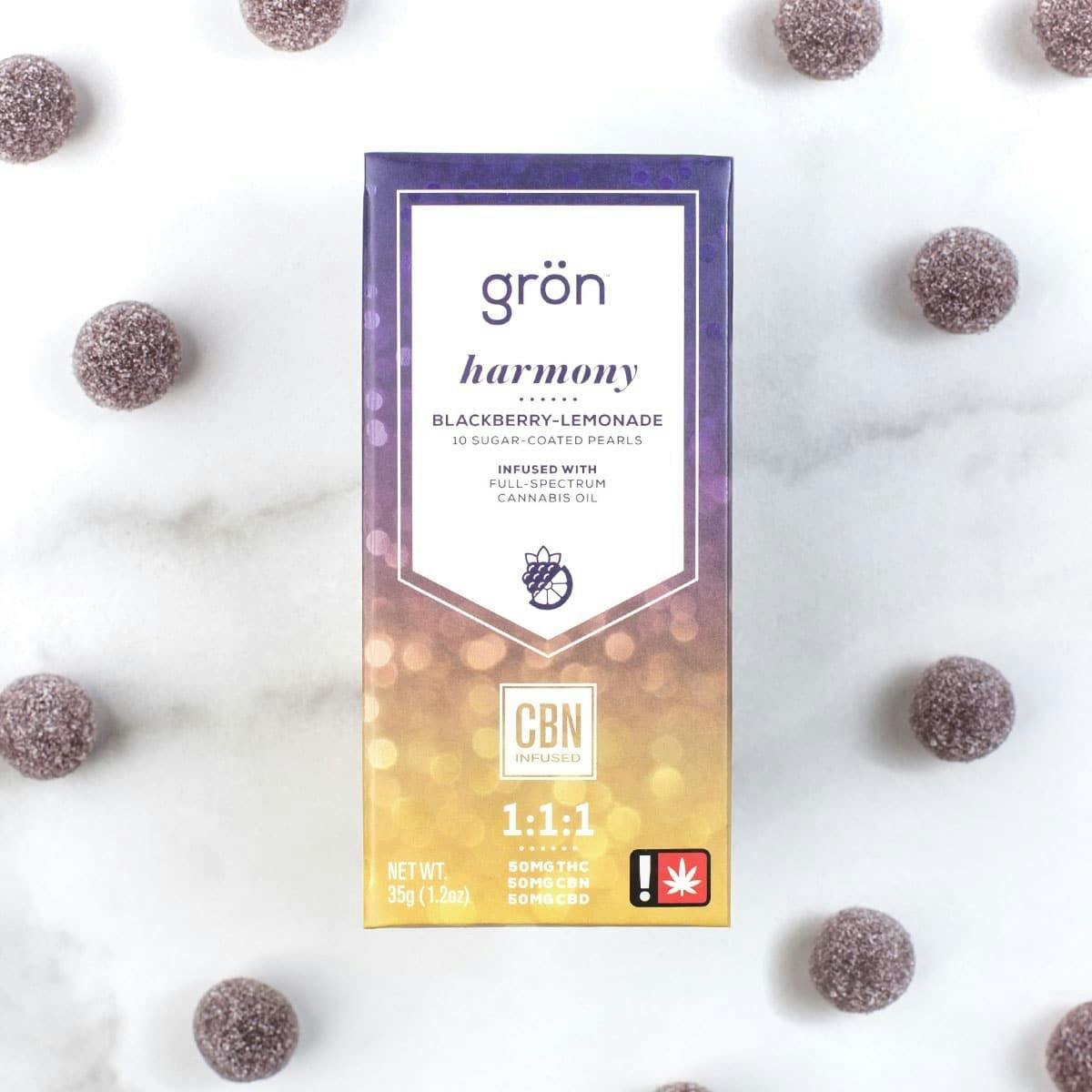 Photograph of product: Gron Blackberry Lemonade 1:1:1 TH-oui:CBD:CBN Sugar-Coated Pearls